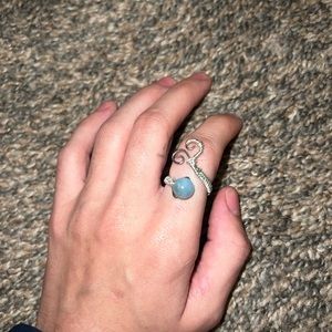 Size 6, adjustable handmade wire ring, blue-ish/grey with silver band